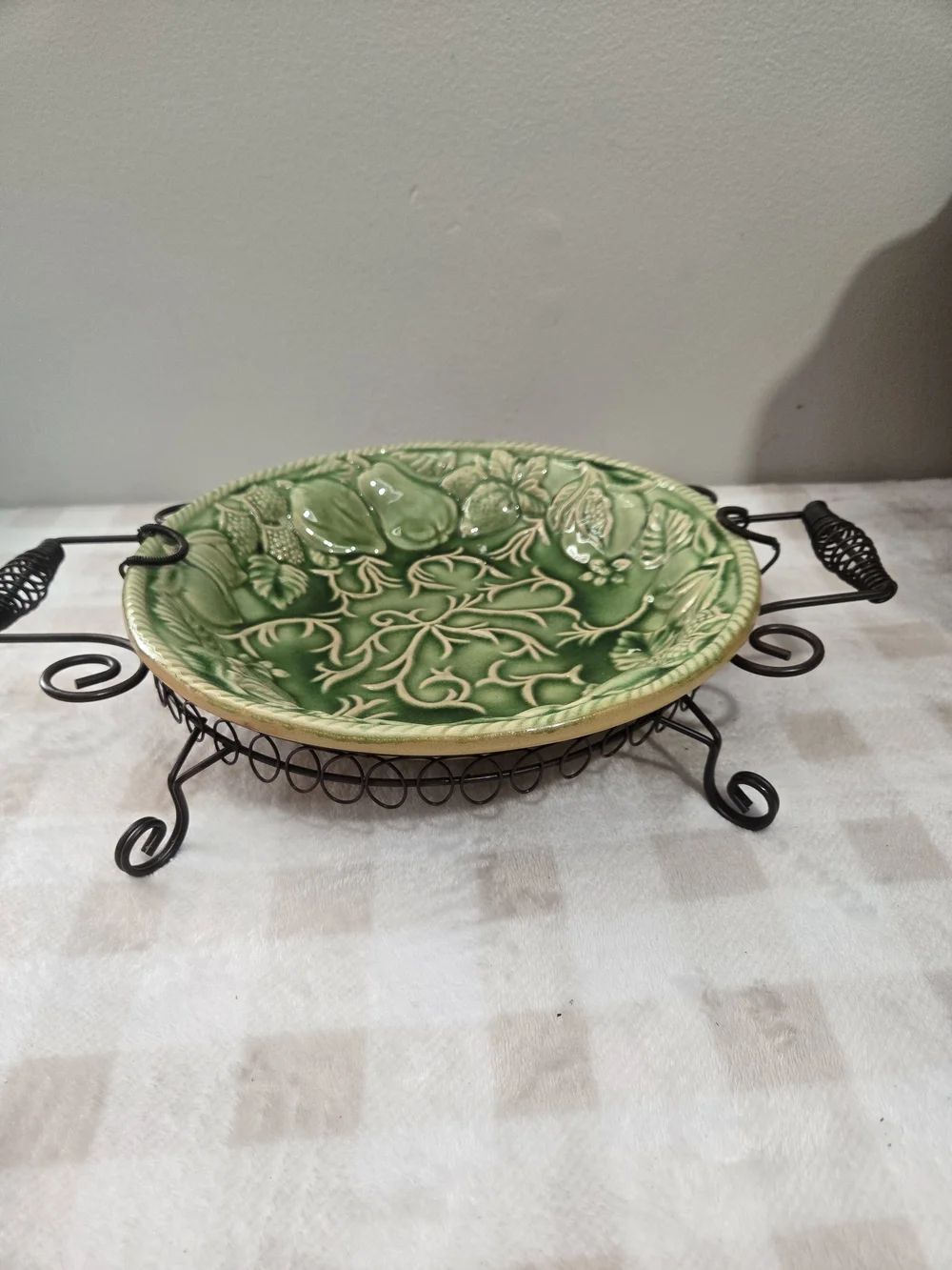 VintageGreen Round Floral Ceramic Tray 15 in w/ Black Metal Stand Handles Glossy